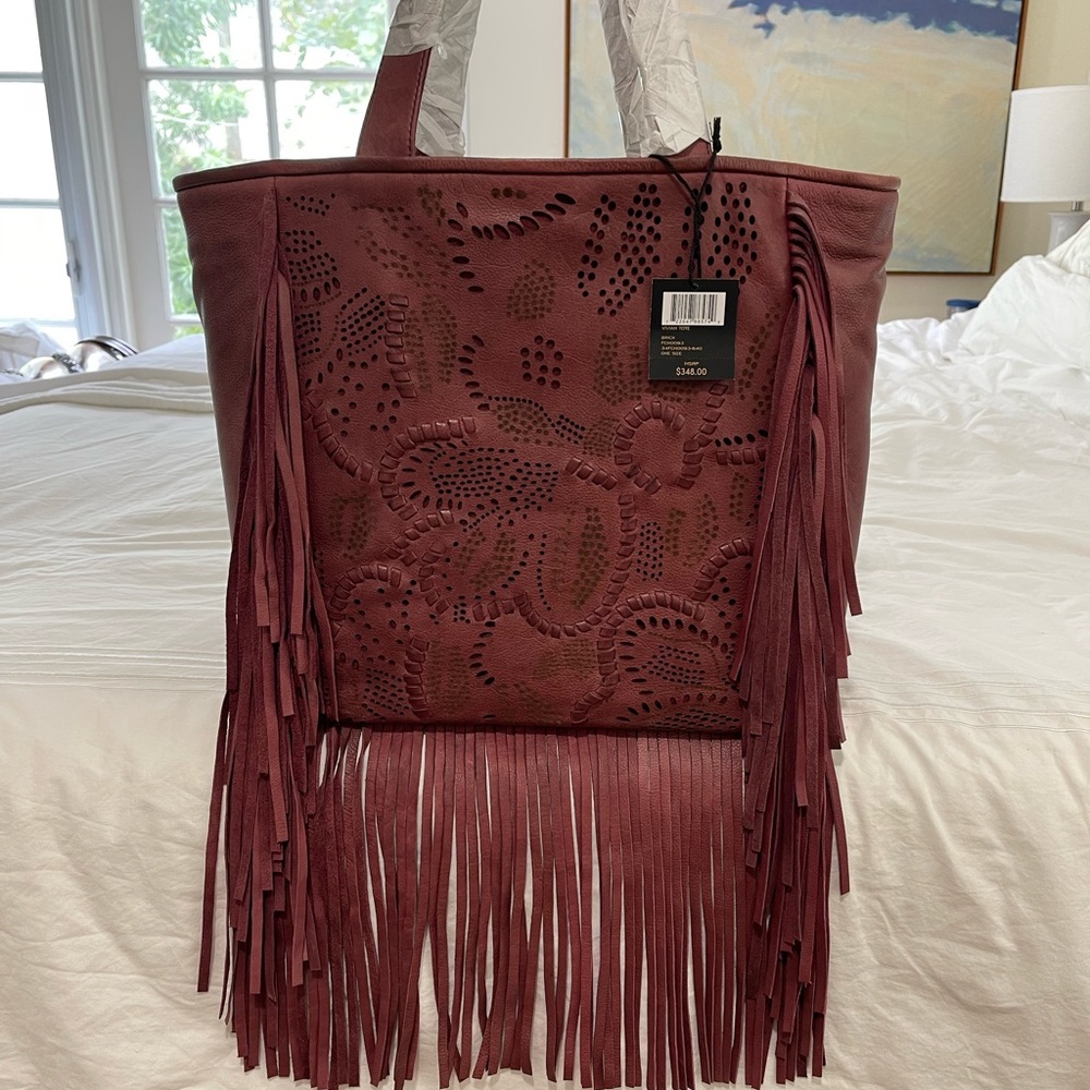 NWT FRYE VIVIAN Fringe Leather Large TOTE Brick (Red) $348